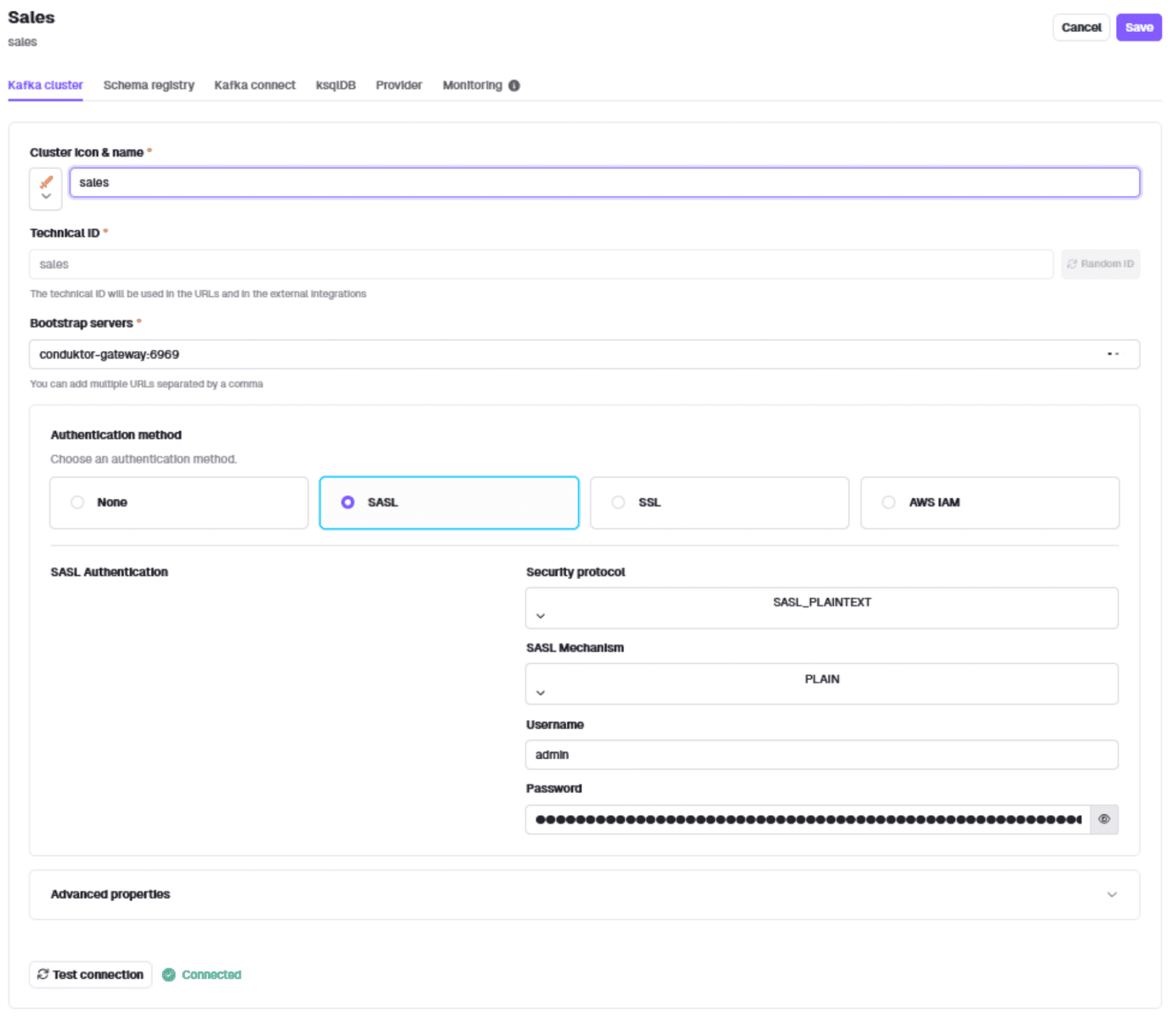 Conduktor Manage Clusters dialog adding the sales virtual cluster with SASL_PLAINTEXT and vCluster token