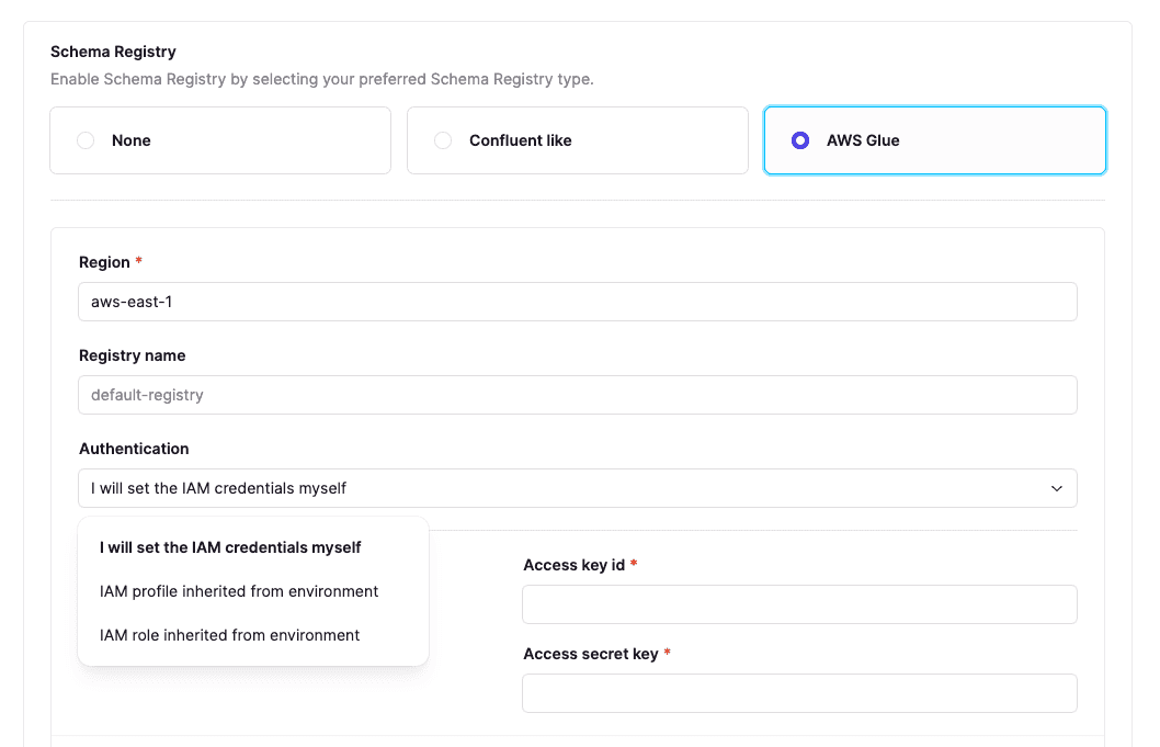 Conduktor cluster configuration screen: AWS Glue Schema Registry selected with region, registry name and IAM strategy fields