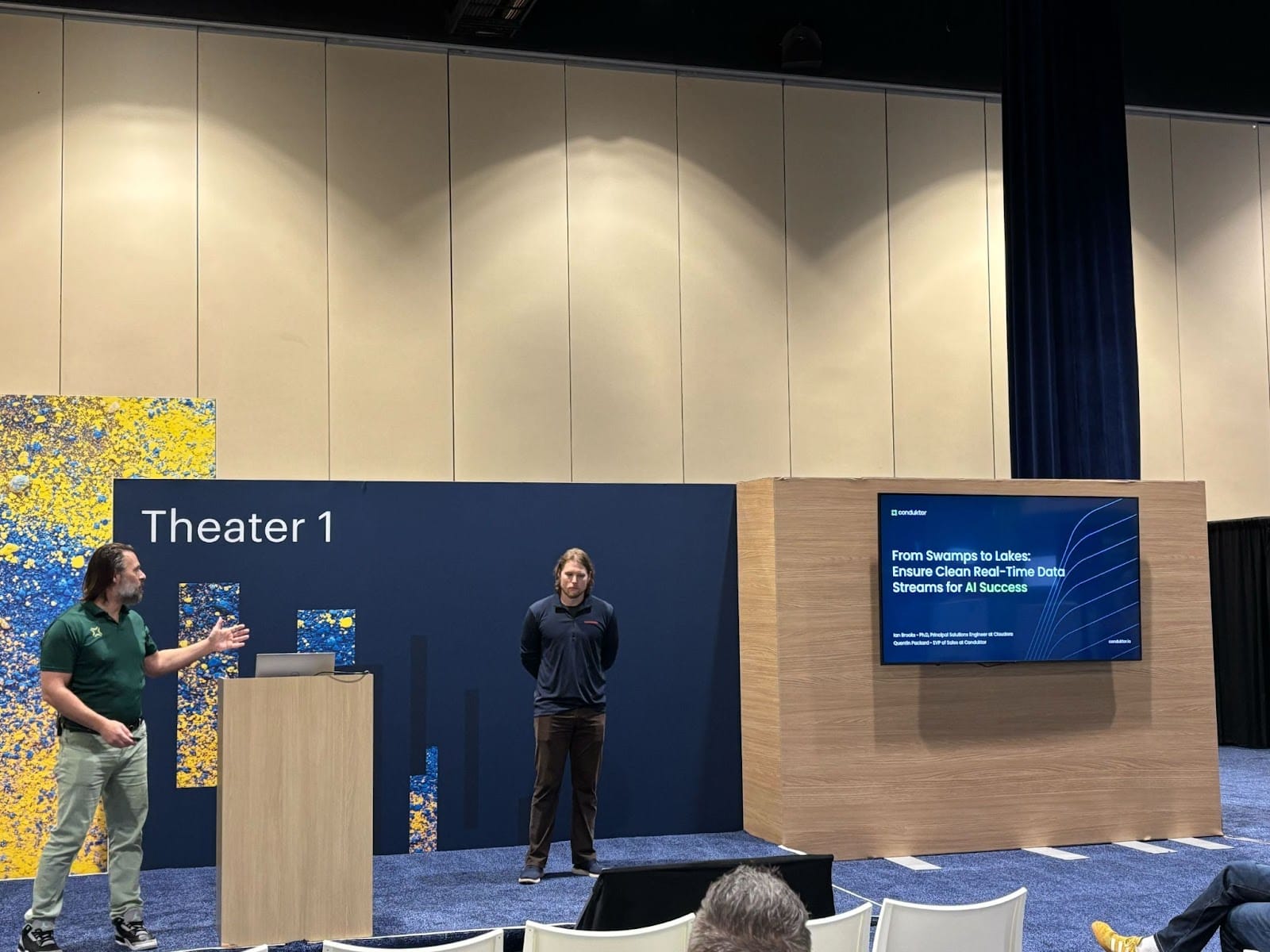 Conduktor and Cloudera speakers presenting 'From Swamps to Lakes: Ensure Clean Real-Time Data Streams for AI Success' on Theater 1 stage at Gartner D&A Summit 2025