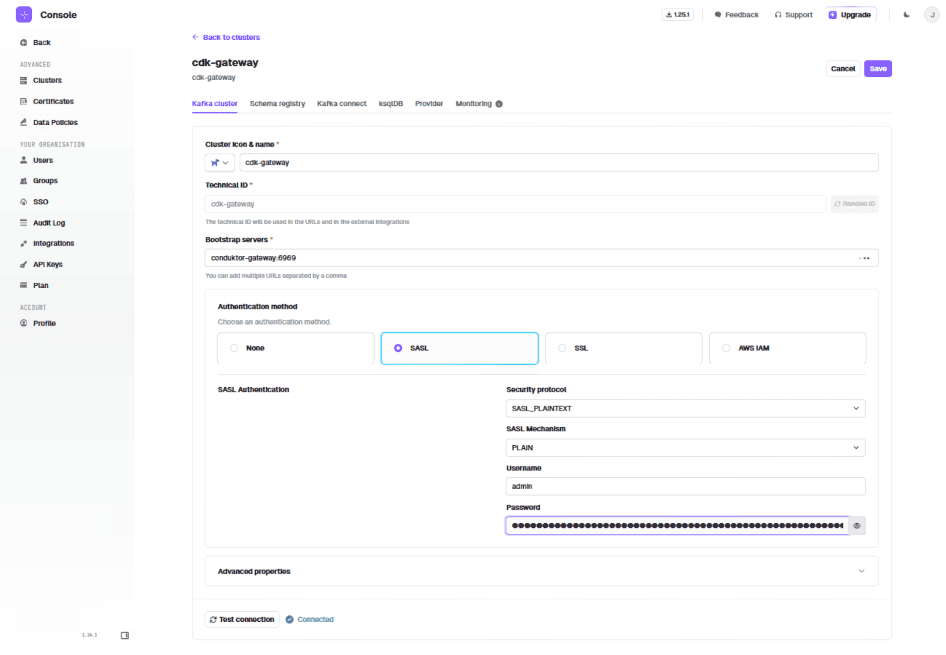 Conduktor cluster config with SASL_PLAINTEXT and PLAIN, JWT as password, pointing at conduktor-gateway:6969