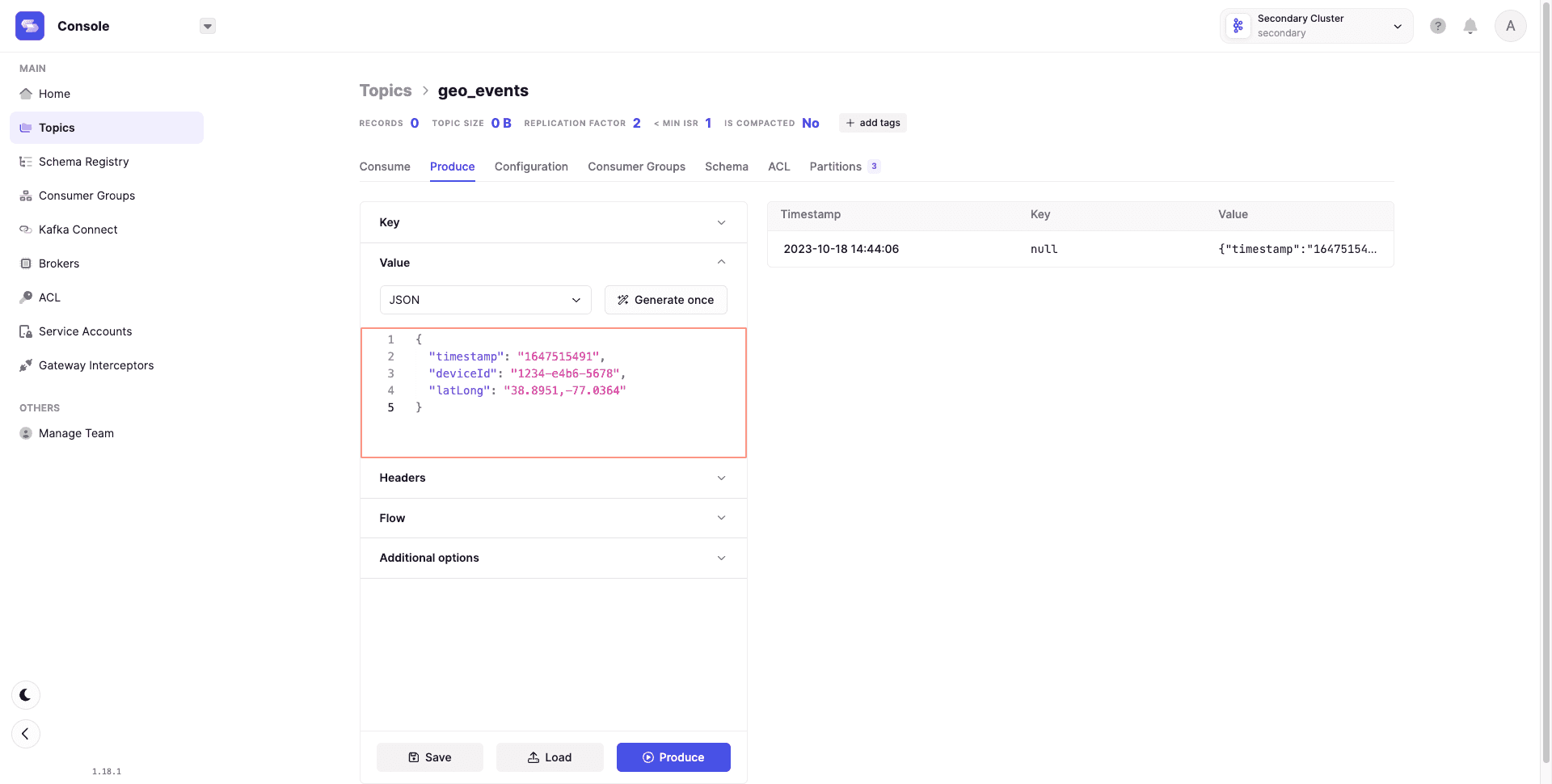Conduktor Console Flow mode UI generating automated Kafka event streams with interval rules and lifecycle options