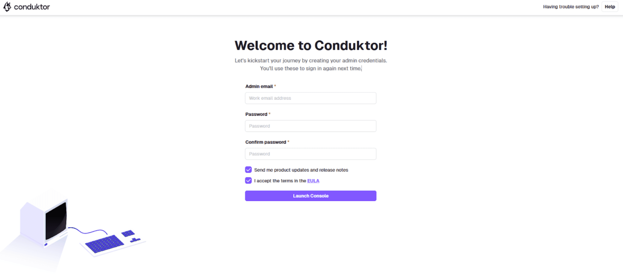 Conduktor Console onboarding screen at localhost:8080 prompting initial user details