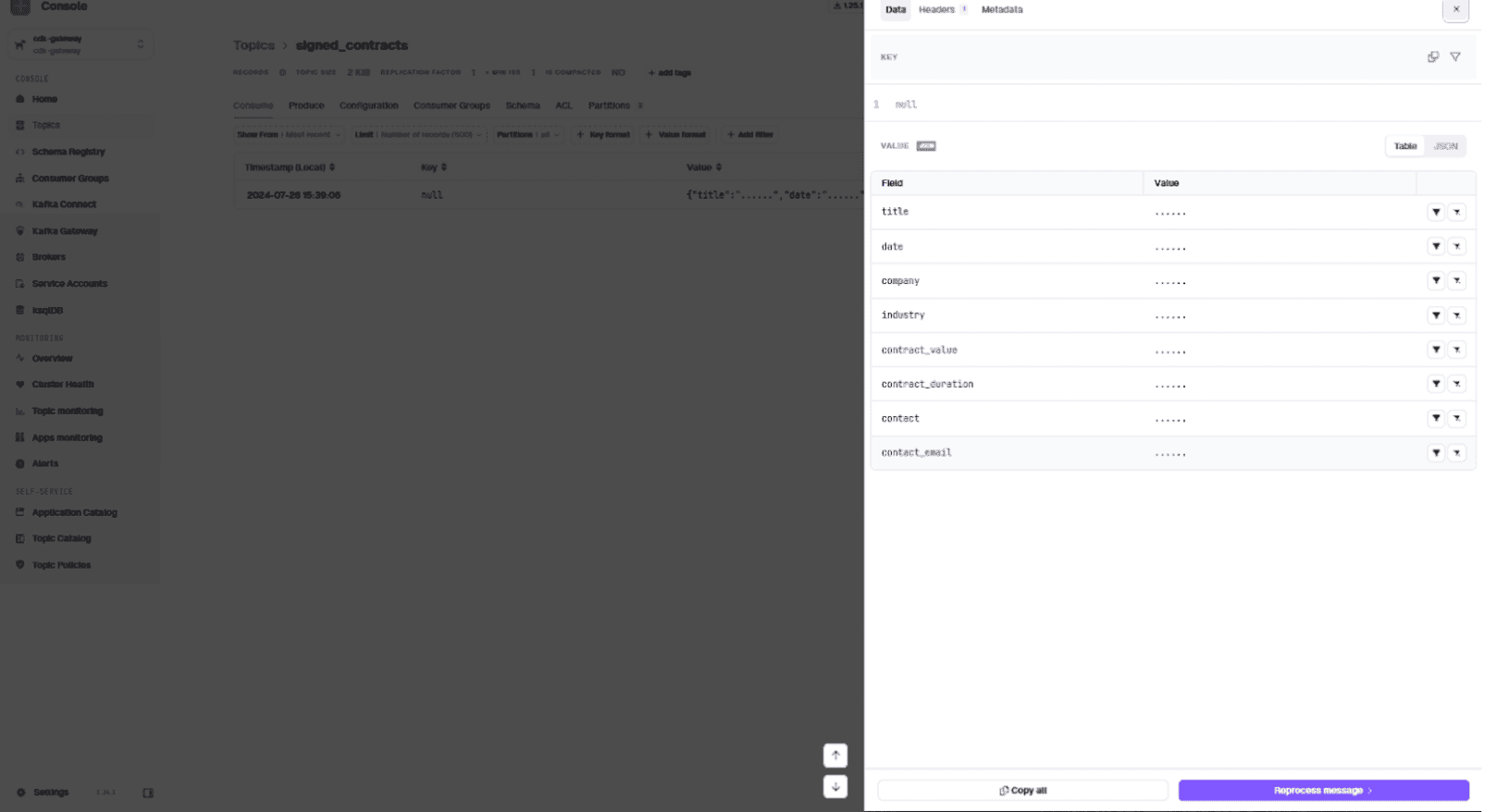 Conduktor consume tab showing a contract message with its payload, header and Kafka metadata