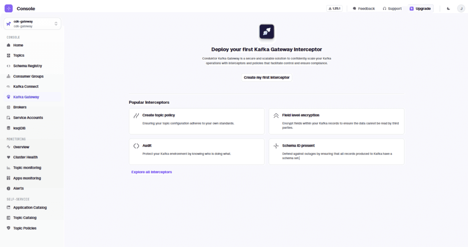 Conduktor Kafka Gateway page with the 'Create my first interceptor' call-to-action button