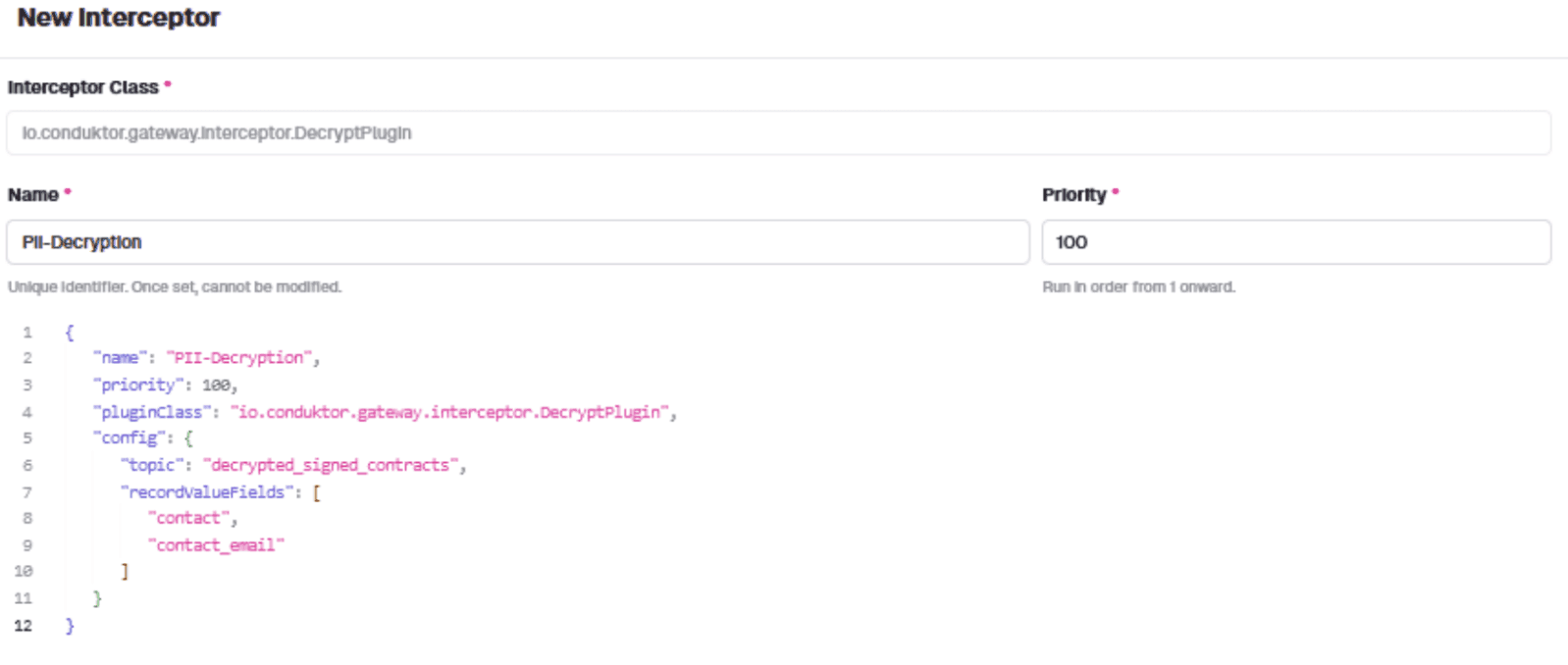 Conduktor interceptor list confirming the decryption interceptor is deployed on the sales vCluster