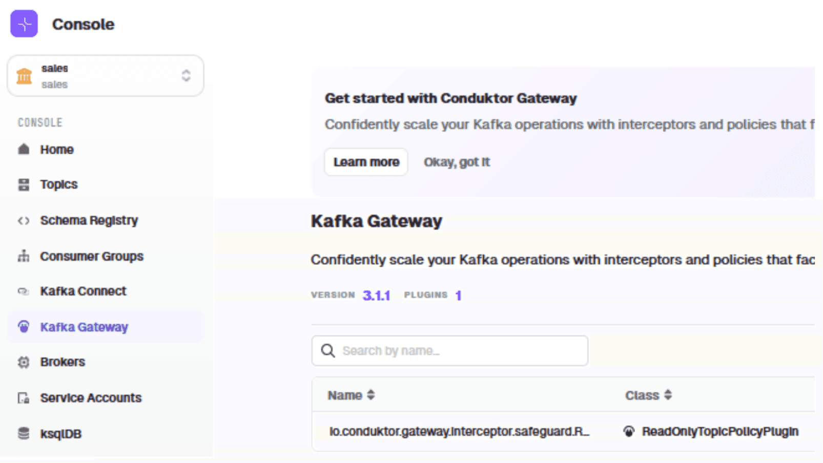 Conduktor Kafka Gateway interceptor list showing the decryption mapping from decrypted_signed_contracts to signed_contracts