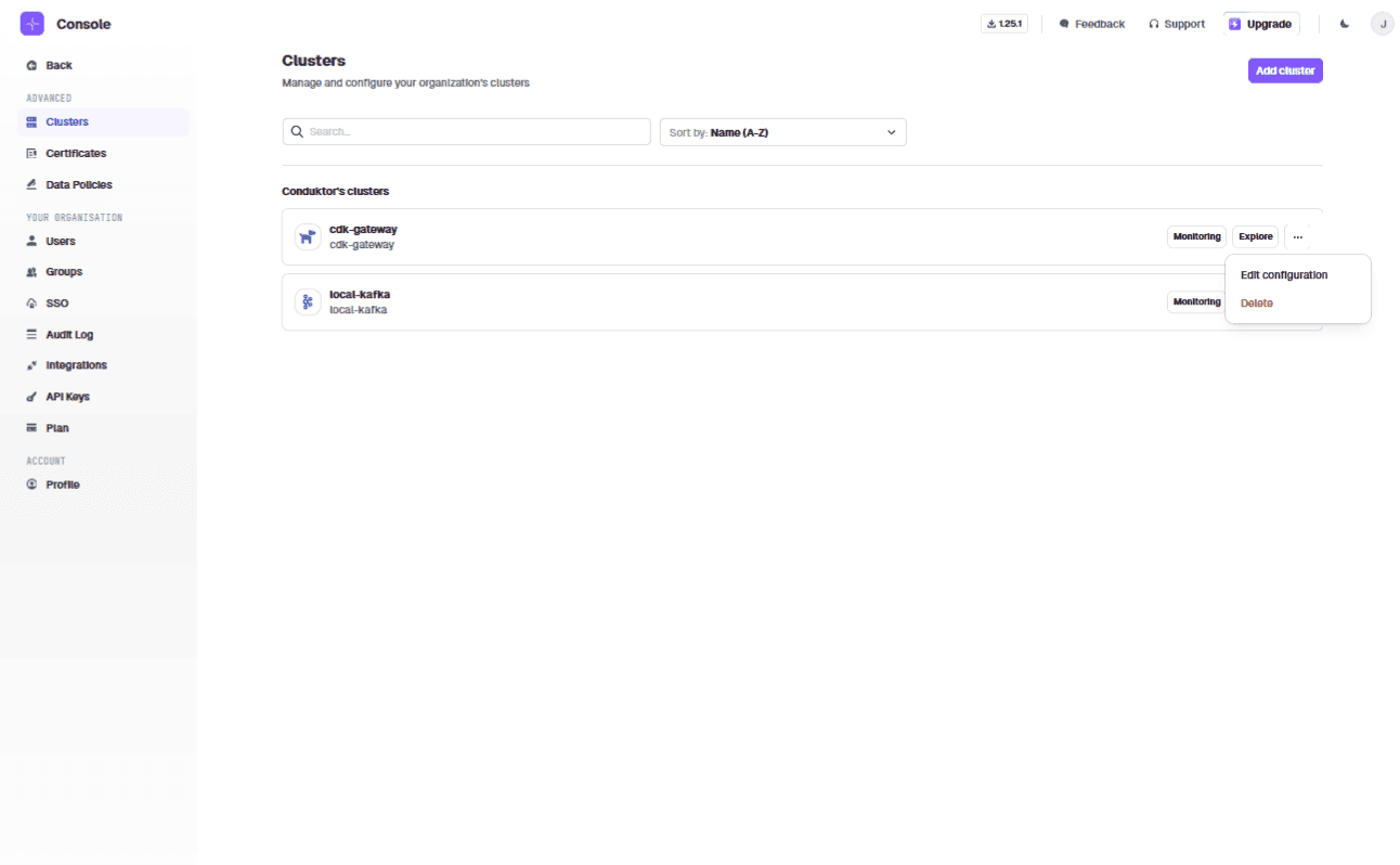 Conduktor Console Edit Cluster screen for cdk-gateway, step two with advanced settings