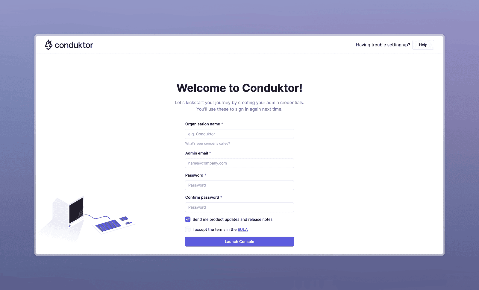 Conduktor get-started profile setup screen at localhost:8080 after the docker compose stack is up