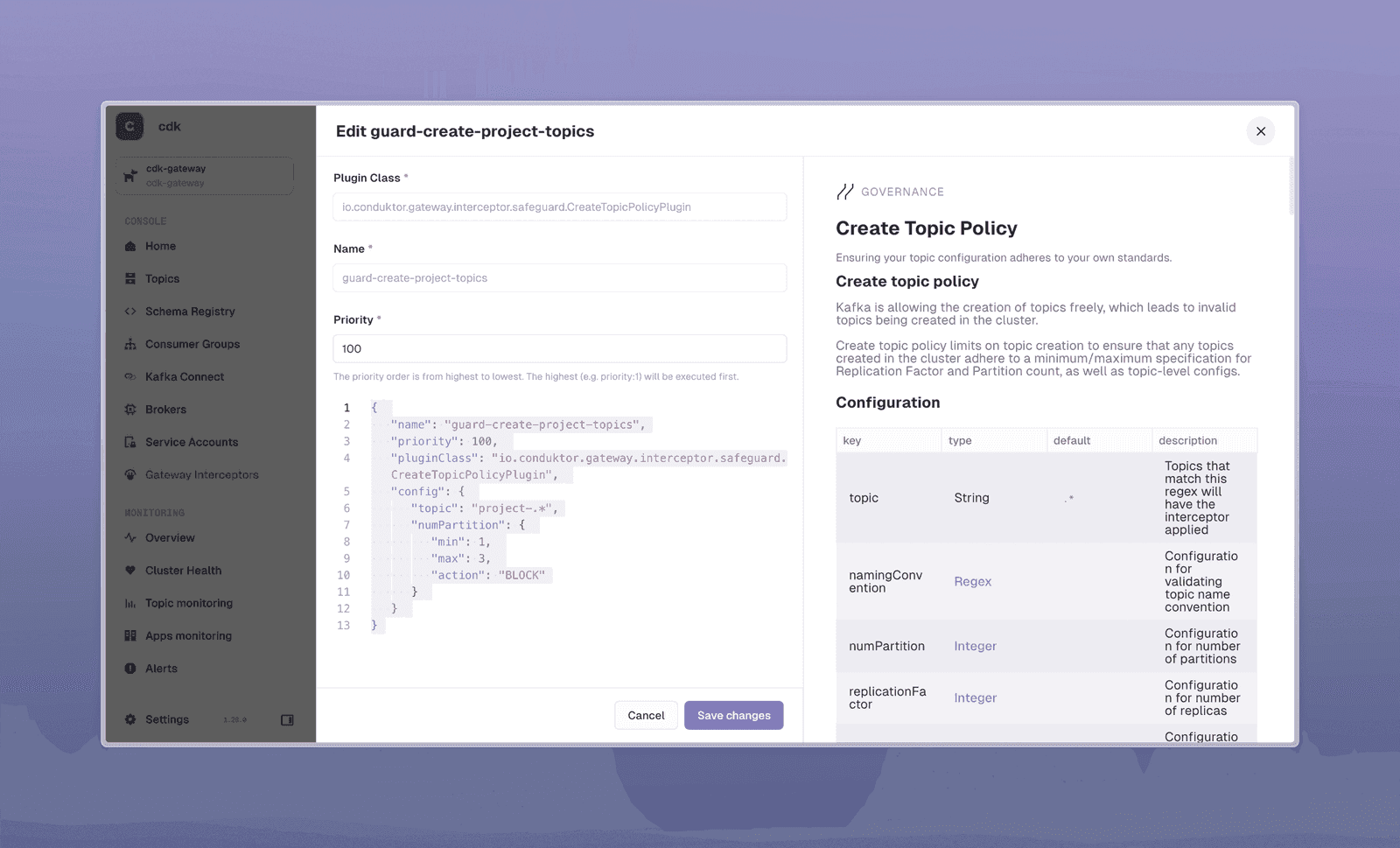 Conduktor Gateway interceptor configuration editor showing the guard-create-project-topics policy as JSON