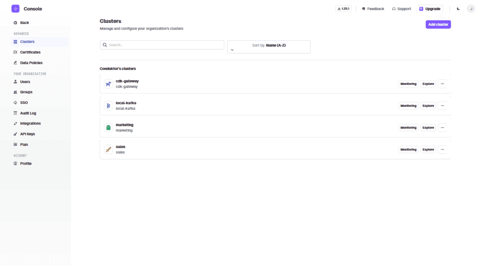 Conduktor Console cluster list showing both the marketing and sales virtual clusters connected