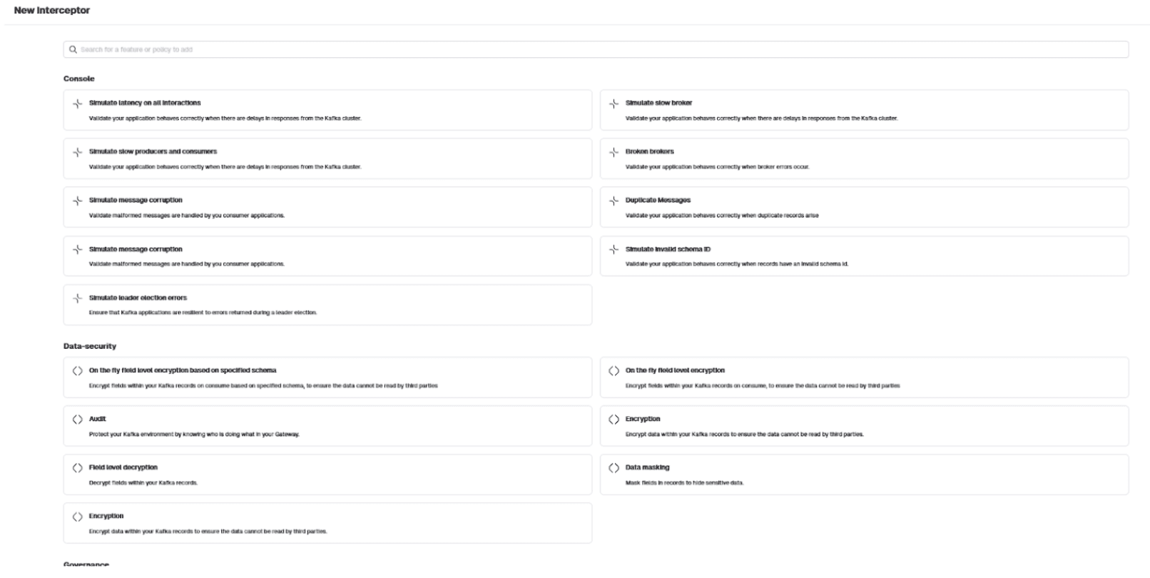 Conduktor interceptor picker with 'On the fly field level encryption' selected under the Data-security category