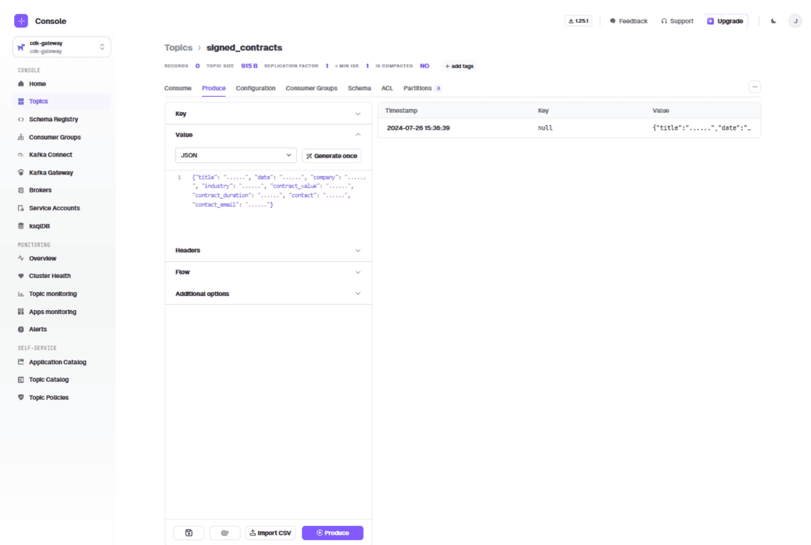 Conduktor producer view sending a contract message to the signed-contracts topic