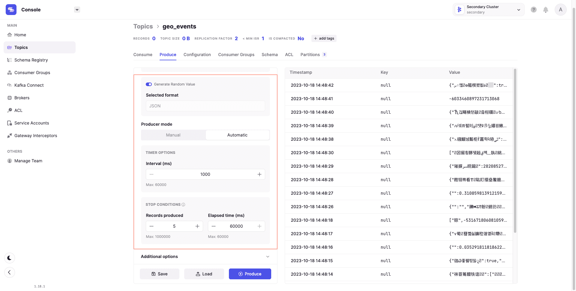 Conduktor producer settings panel: configuring acks and randomized payloads inferred from a Kafka schema