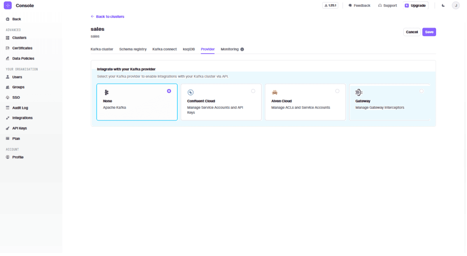 Conduktor sales cluster Provider tab where the sales vCluster is wired to Conduktor Gateway