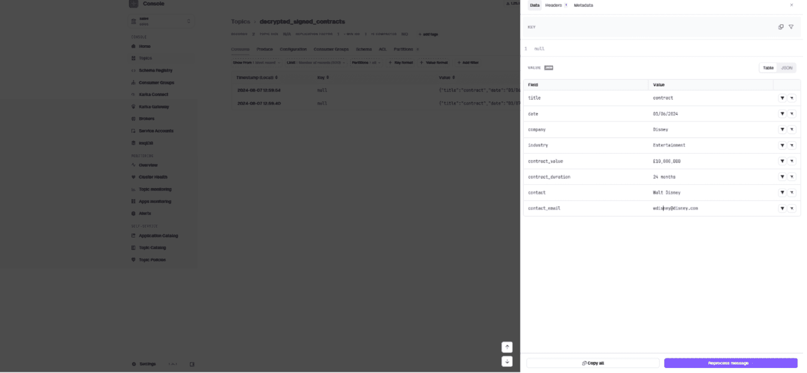 Conduktor topic view in the sales vCluster showing the decrypted contract message with original PII restored