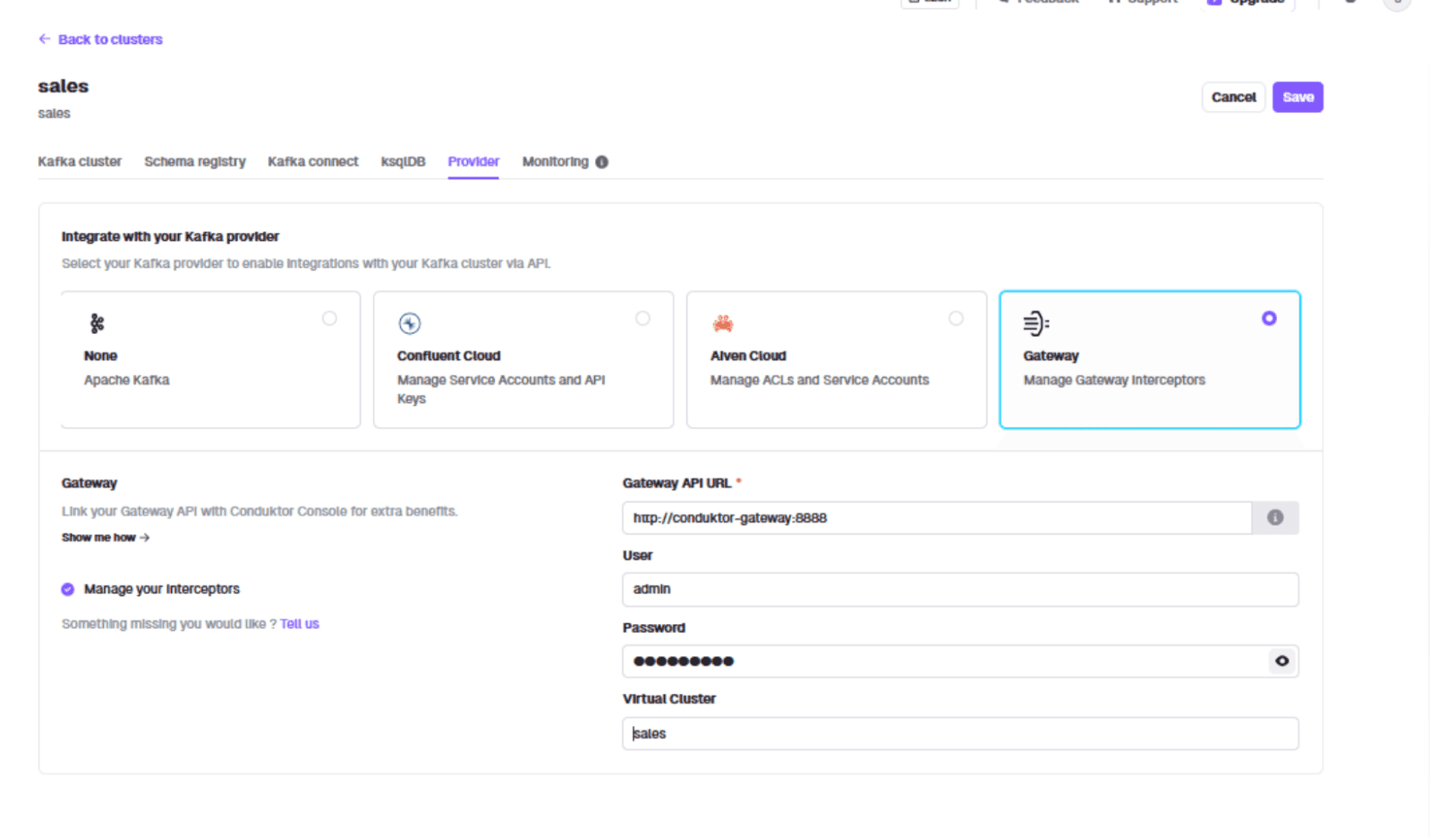 Provider credentials dialog with the Gateway URL conduktor-gateway:8888 and admin credentials for the sales vCluster