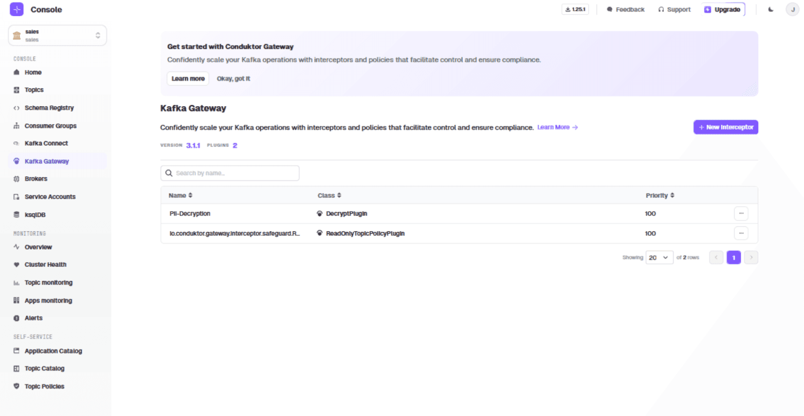 Conduktor Gateway view of the sales vCluster listing the decryption interceptor now visible to sales consumers
