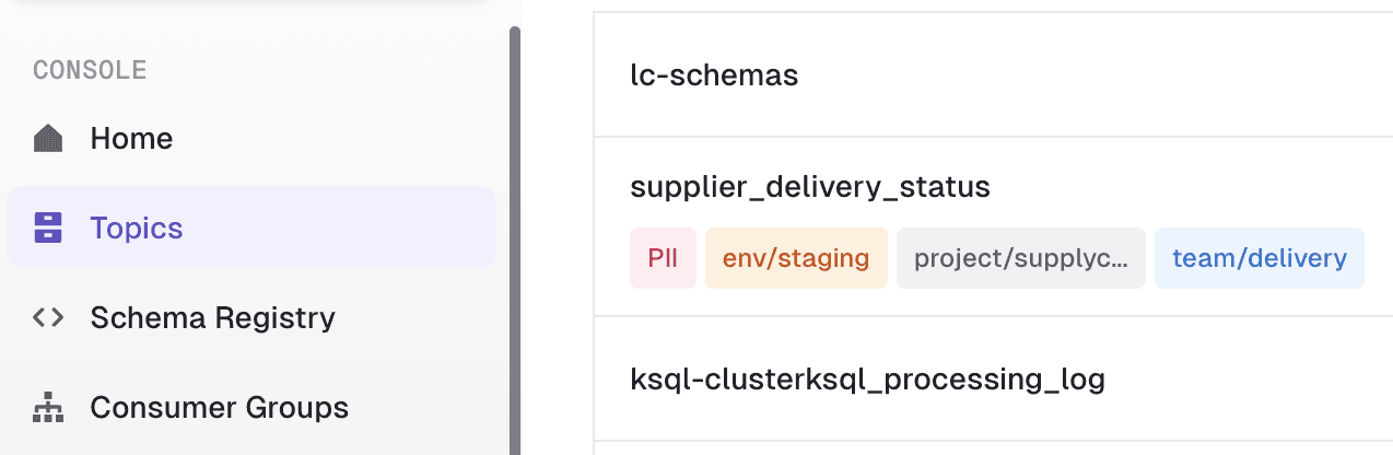 Conduktor topic view showing tags labeling owner, team and environment to clarify ownership and management