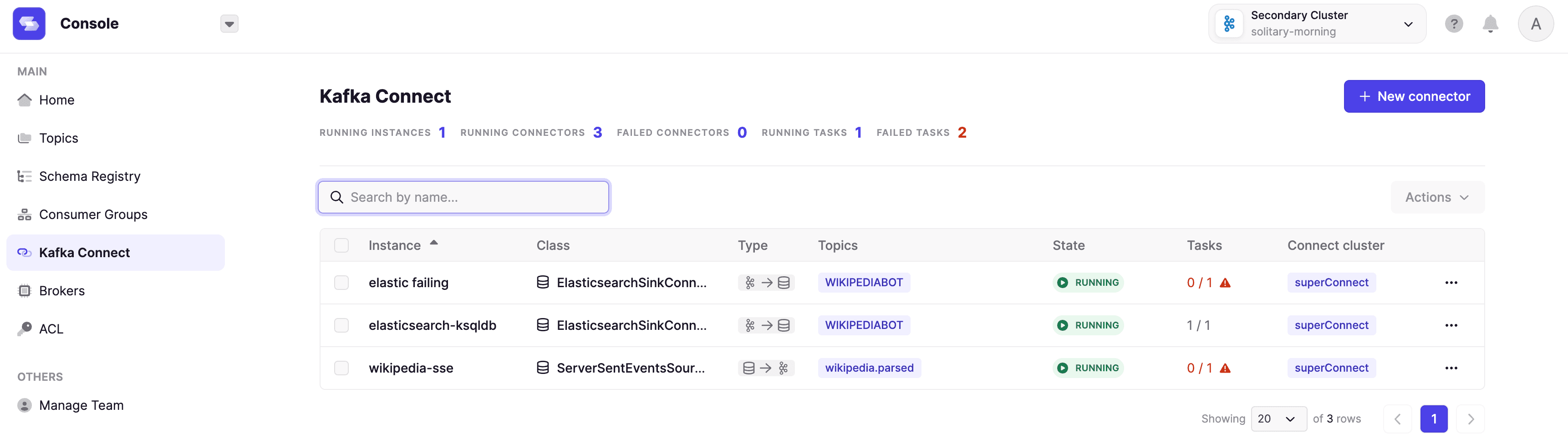 Diagram of Kafka Connect monitoring: detecting failed connectors, alerting and auto-restarting them to keep Debezium streams healthy
