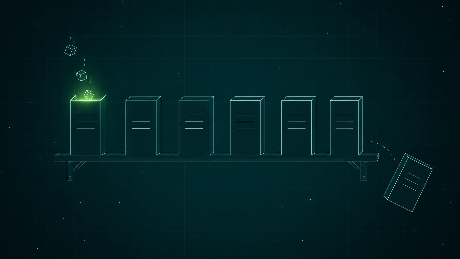 Flat wireframe line-art on dark teal: six tall file-like slabs stand on a long shelf. Small cubes fall into the open, lime-lit slab at the left end, while the slab at the right end tips off the shelf in one piece, caught mid-fall.
