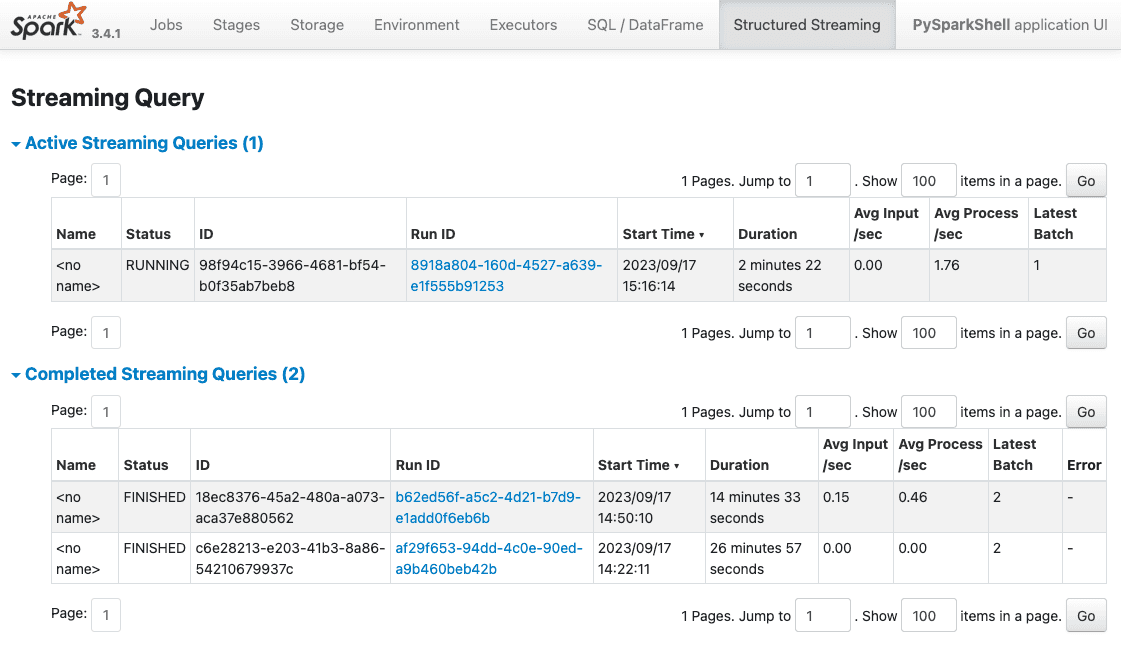 Spark UI Streaming Query tab listing the active Kafka structured streaming query