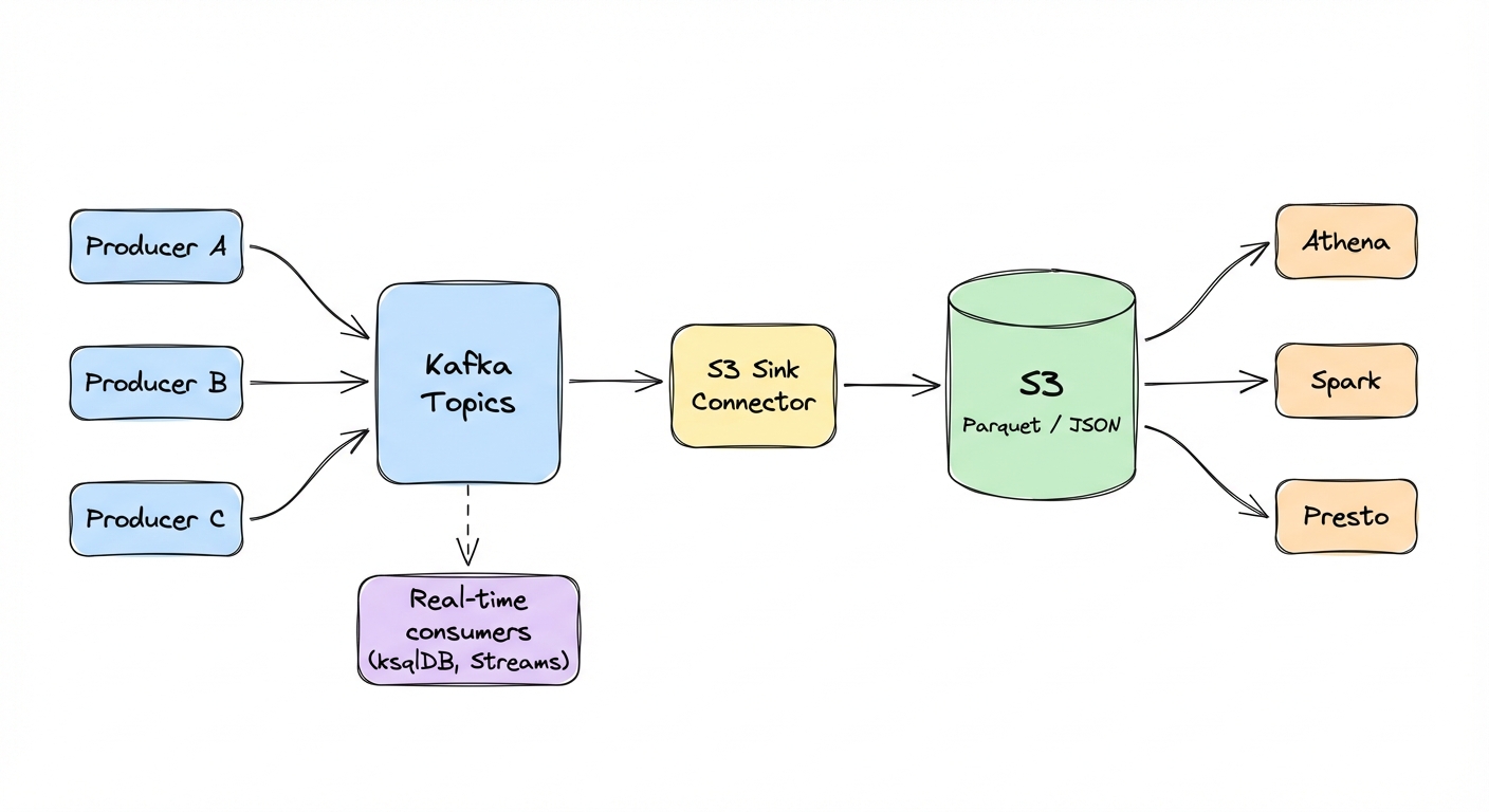 Data lake architecture: Producers send data to Kafka Topics, which flow through the S3 Sink Connector into S3 (Parquet/JSON), then to query engines like Athena, Spark, and Presto. Real-time consumers like ksqlDB and Kafka Streams can also read directly from Kafka.