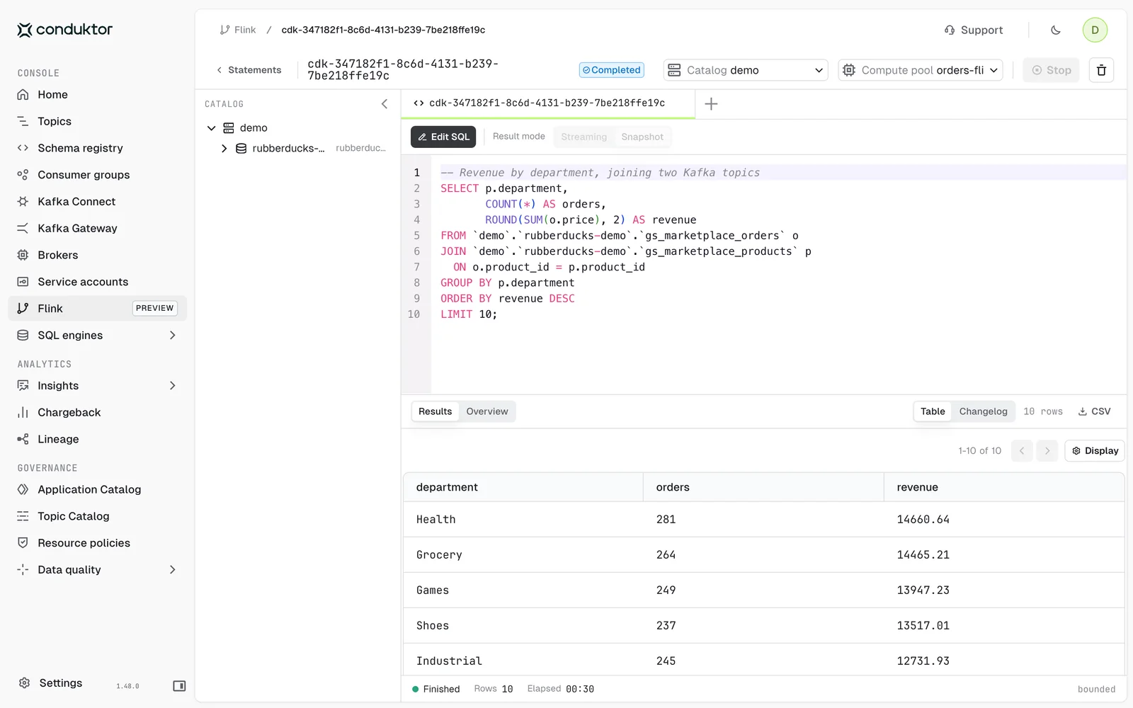 Die Flink-SQL-Workbench von Console verknüpft zwei Kafka-Topics auf Confluent Cloud und berechnet den Umsatz pro Abteilung