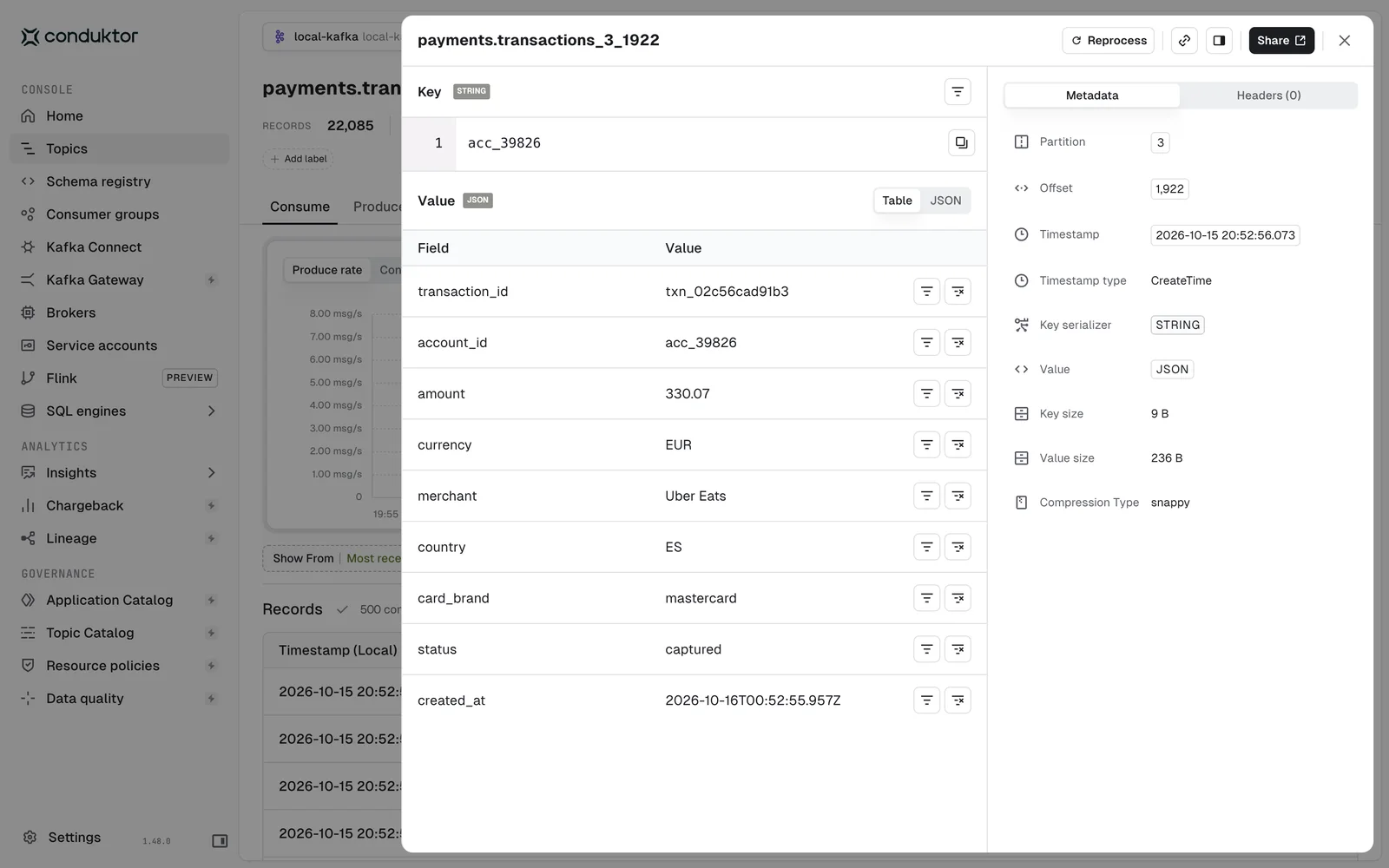 Console zeigt eine Zahlung aus dem Topic payments.transactions, Feld für Feld dekodiert