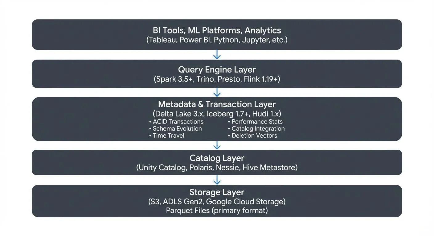 A typical lakehouse architecture consists of several key layers
