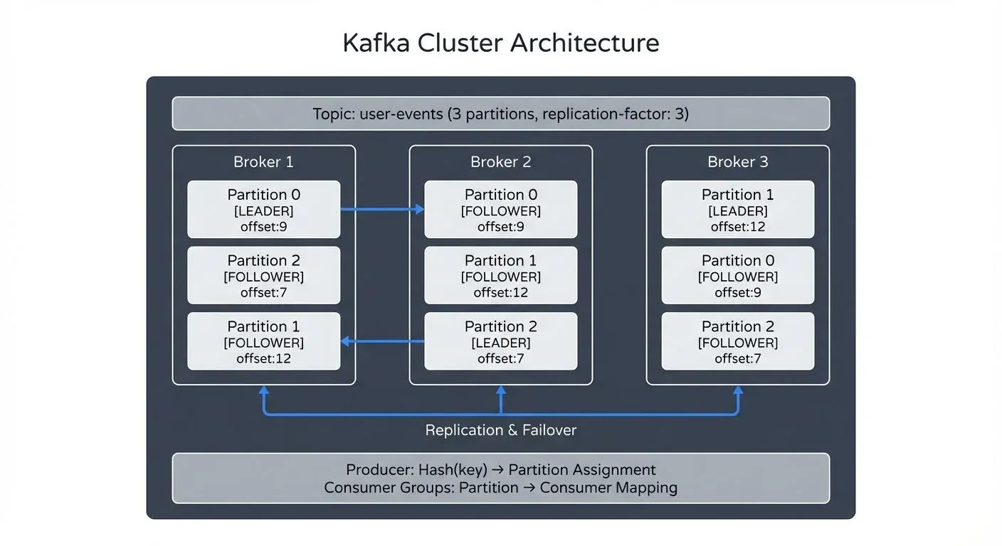 The interaction between topics, partitions, and brokers creates Kafka's distributed log architecture