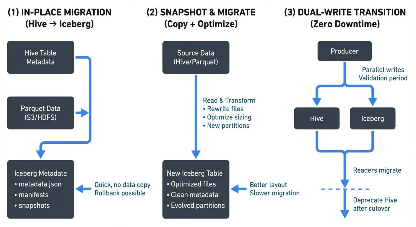 Migration strategies: in-place vs snapshot vs dual-write