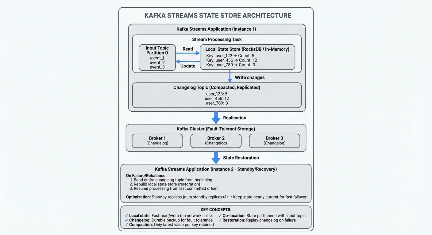 State store architecture showing local storage backed by changelog topics