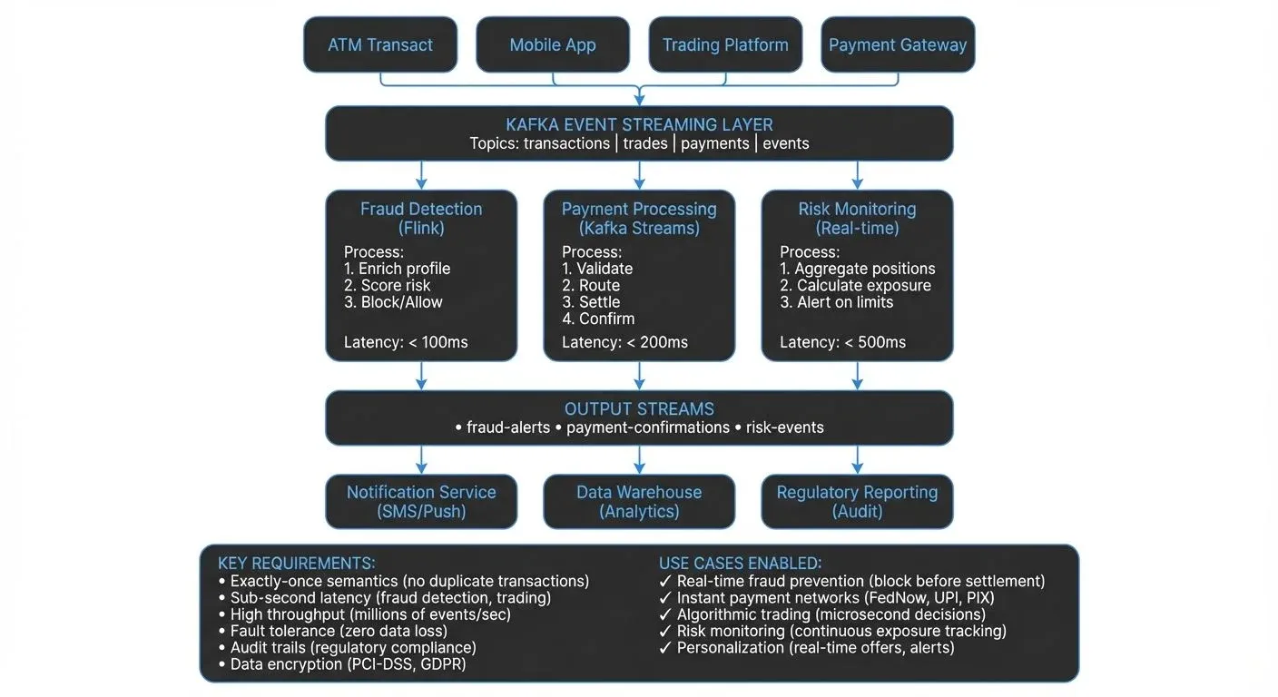 Streaming data architecture for financial services showing event processing pipeline