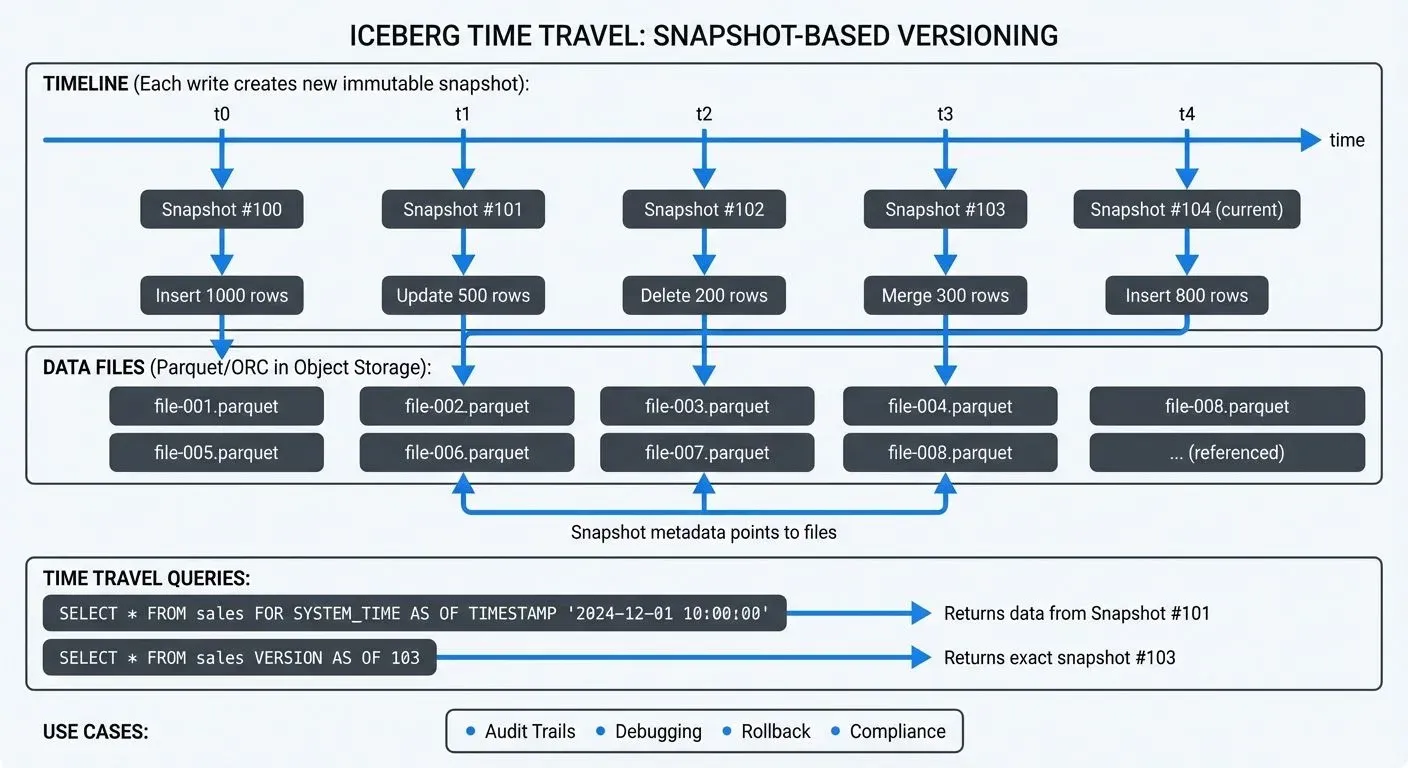Iceberg snapshot timeline and time travel queries