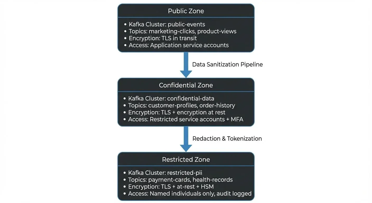 For streaming platforms like Apache Kafka, trust zones often translate to <strong>dedicated clusters</strong>