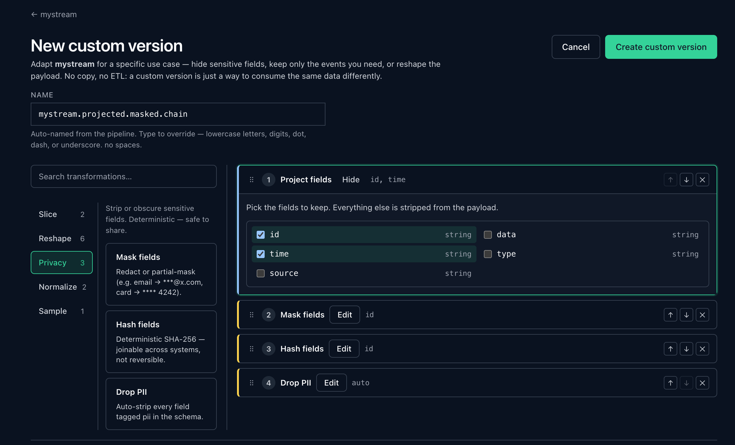 Ivy custom-version builder: pick the fields to keep, then chain mask, hash, and drop-PII transformations on a stream with no copy and no ETL.
